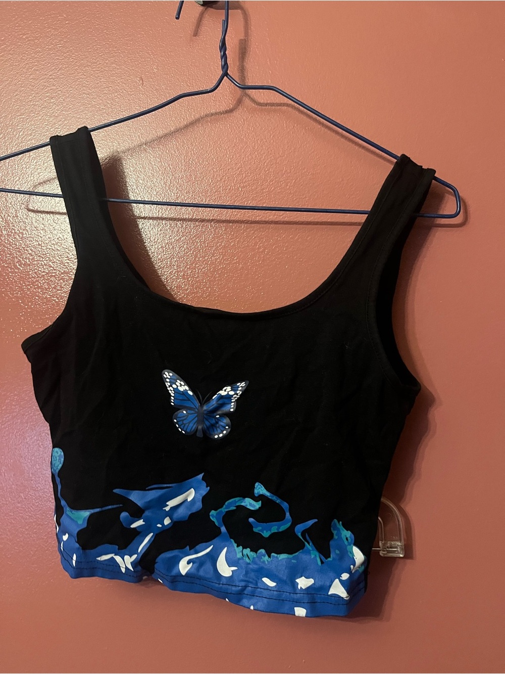 SHEIN Black Crop Tank Top with Blue Butterfly & Wave Print